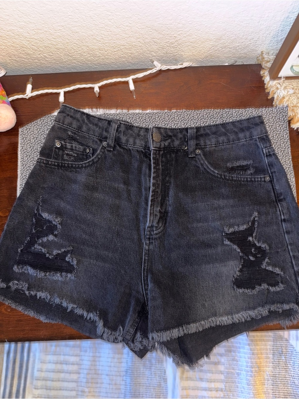 Black Distressed High-Waist Women's Denim Shorts